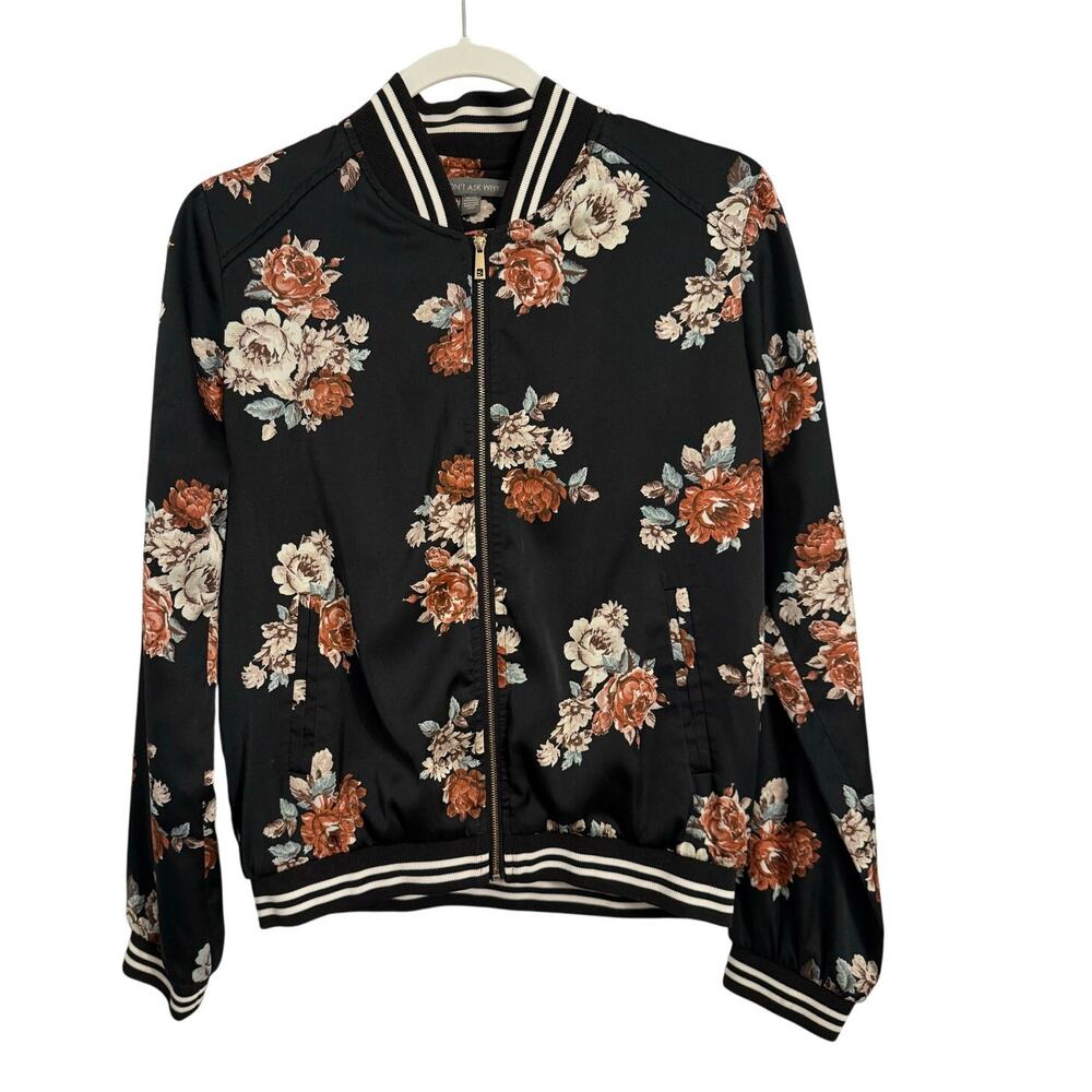 American Eagle Women's M Boho Satin Floral Zip Front Bomber Jacket Retro Italy